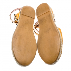 Pre Owned Valentino Yellow Leather Rockstud Ankle Wrap Espadrilles Size 37