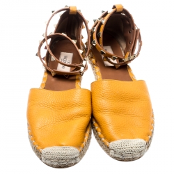 Pre Owned Valentino Yellow Leather Rockstud Ankle Wrap Espadrilles Size 37