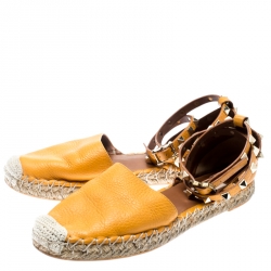 Pre Owned Valentino Yellow Leather Rockstud Ankle Wrap Espadrilles Size 37