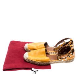 Pre Owned Valentino Yellow Leather Rockstud Ankle Wrap Espadrilles Size 37