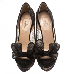 Pre Owned Valentino Black Floral Couture Bow Lace Peep Toe Platform Pumps Size 37.5