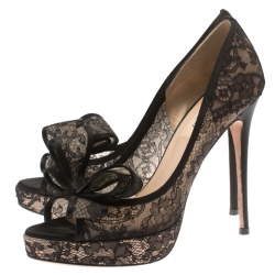Pre Owned Valentino Black Floral Couture Bow Lace Peep Toe Platform Pumps Size 37.5