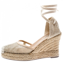 Pre Owned Valentino Beige Lace And Canvas Espadrille Wedges Sandals Size 39