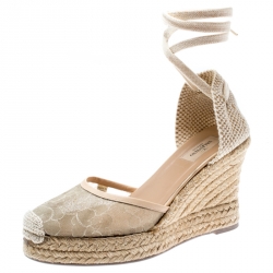 Pre Owned Valentino Beige Lace And Canvas Espadrille Wedges Sandals Size 39
