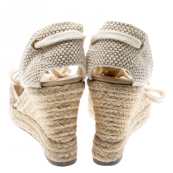 Pre Owned Valentino Beige Lace And Canvas Espadrille Wedges Sandals Size 39