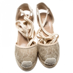 Pre Owned Valentino Beige Lace And Canvas Espadrille Wedges Sandals Size 39