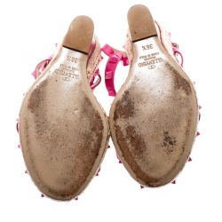 Pre Owned Valentino Pink Leather Rockstud T Strap Espadrille Wedges Size 36.5