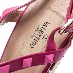Pre Owned Valentino Pink Leather Rockstud T Strap Espadrille Wedges Size 36.5