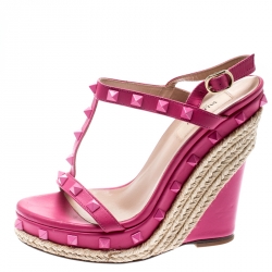Pre Owned Valentino Pink Leather Rockstud T Strap Espadrille Wedges Size 36.5