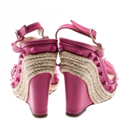 Pre Owned Valentino Pink Leather Rockstud T Strap Espadrille Wedges Size 36.5