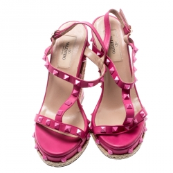 Pre Owned Valentino Pink Leather Rockstud T Strap Espadrille Wedges Size 36.5