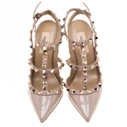 Pre Owned Valentino Beige Patent Leather Rockstud Sandals Size 35