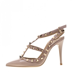 Pre Owned Valentino Beige Patent Leather Rockstud Sandals Size 35
