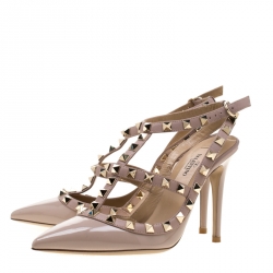 Pre Owned Valentino Beige Patent Leather Rockstud Sandals Size 35