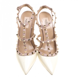 Pre Owned Valentino Off White and Beige Patent Leather Rockstud Sandals Size 37