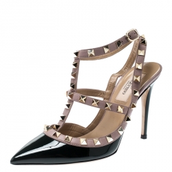 Pre Owned Valentino Black And Beige Leather Rockstud Sandals Size 36