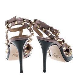 Pre Owned Valentino Black And Beige Leather Rockstud Sandals Size 36