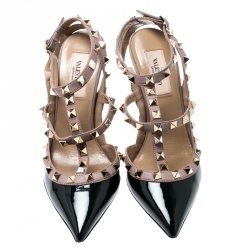 Pre Owned Valentino Black And Beige Leather Rockstud Sandals Size 36