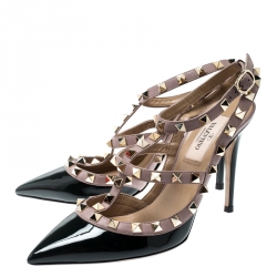 Pre Owned Valentino Black And Beige Leather Rockstud Sandals Size 36