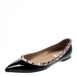 Pre Owned Valentino Black Patent Leather Rockstud Ballet Flats Size 37.5
