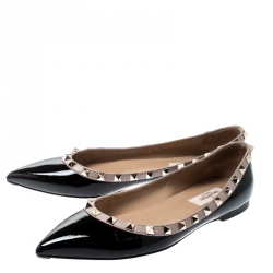 Pre Owned Valentino Black Patent Leather Rockstud Ballet Flats Size 37.5