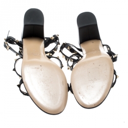 Pre Owned Valentino Black Leather Cage Rockstud Block Heel Sandals Size 41