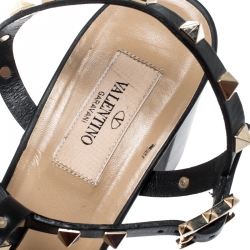 Pre Owned Valentino Black Leather Cage Rockstud Block Heel Sandals Size 41