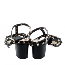 Pre Owned Valentino Black Leather Cage Rockstud Block Heel Sandals Size 41