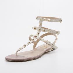 Pre Owned Valentino White Leather Thong Rockstud Sandals Size 40