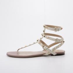 Pre Owned Valentino White Leather Thong Rockstud Sandals Size 40