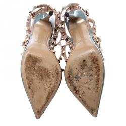 Pre Owned Valentino Blue And Beige Patent Leather Rockstud Ankle Strap Sandals Size 37