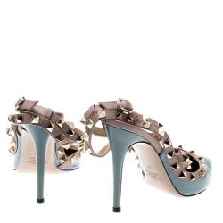 Pre Owned Valentino Blue And Beige Patent Leather Rockstud Ankle Strap Sandals Size 37