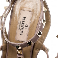 Pre Owned Valentino Blue And Beige Patent Leather Rockstud Ankle Strap Sandals Size 37