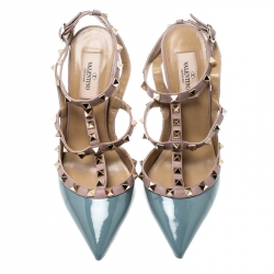 Pre Owned Valentino Blue And Beige Patent Leather Rockstud Ankle Strap Sandals Size 37