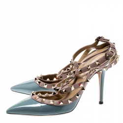 Pre Owned Valentino Blue And Beige Patent Leather Rockstud Ankle Strap Sandals Size 37