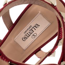 Pre Owned Valentino Scarlet/Rubino Suede and Swarovski Crystals Rockstud Gladiator Sandals Size 36