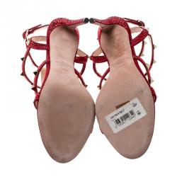 Pre Owned Valentino Scarlet/Rubino Suede and Swarovski Crystals Rockstud Gladiator Sandals Size 36