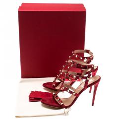 Pre Owned Valentino Scarlet/Rubino Suede and Swarovski Crystals Rockstud Gladiator Sandals Size 36