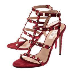 Pre Owned Valentino Scarlet/Rubino Suede and Swarovski Crystals Rockstud Gladiator Sandals Size 36