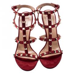 Pre Owned Valentino Scarlet/Rubino Suede and Swarovski Crystals Rockstud Gladiator Sandals Size 36