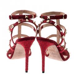 Pre Owned Valentino Scarlet/Rubino Suede and Swarovski Crystals Rockstud Gladiator Sandals Size 36
