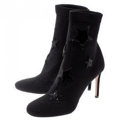 مملوكة مسبقًا Valentino Black Stretch Knit Star Sequin Embellished Bodytech Ankle Boots Size 39