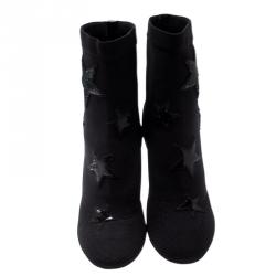 مملوكة مسبقًا Valentino Black Stretch Knit Star Sequin Embellished Bodytech Ankle Boots Size 39