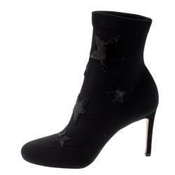 مملوكة مسبقًا Valentino Black Stretch Knit Star Sequin Embellished Bodytech Ankle Boots Size 39