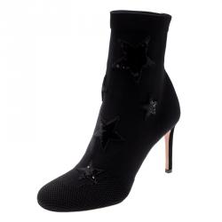 مملوكة مسبقًا Valentino Black Stretch Knit Star Sequin Embellished Bodytech Ankle Boots Size 39