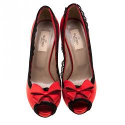 Pre Owned Valentino Red Satin Bow Peep Toe Platform Pumps Size 38