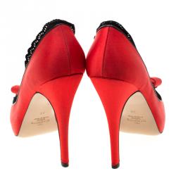 Pre Owned Valentino Red Satin Bow Peep Toe Platform Pumps Size 38
