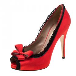 Pre Owned Valentino Red Satin Bow Peep Toe Platform Pumps Size 38