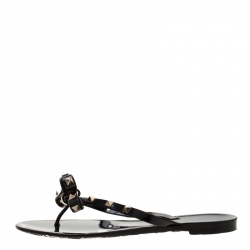 Pre Owned Valentino Black Jelly Rockstud Bow Flat Sandals Size 38
