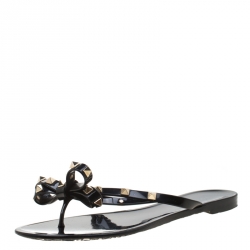 Pre Owned Valentino Black Jelly Rockstud Bow Flat Sandals Size 38